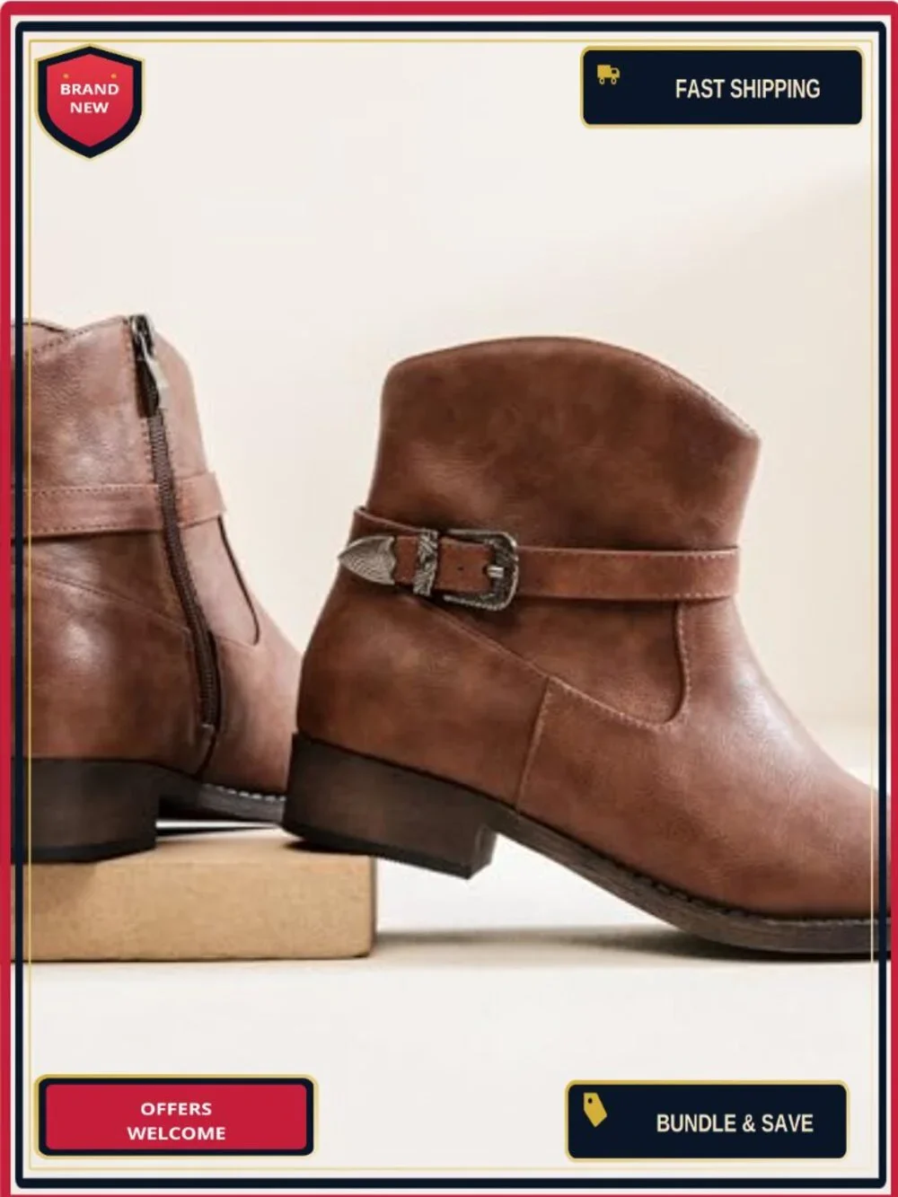 Women's Ankle Boots Low Chunky Heel Faux Leather Zipper Round Toe Cowboy Cowgirl